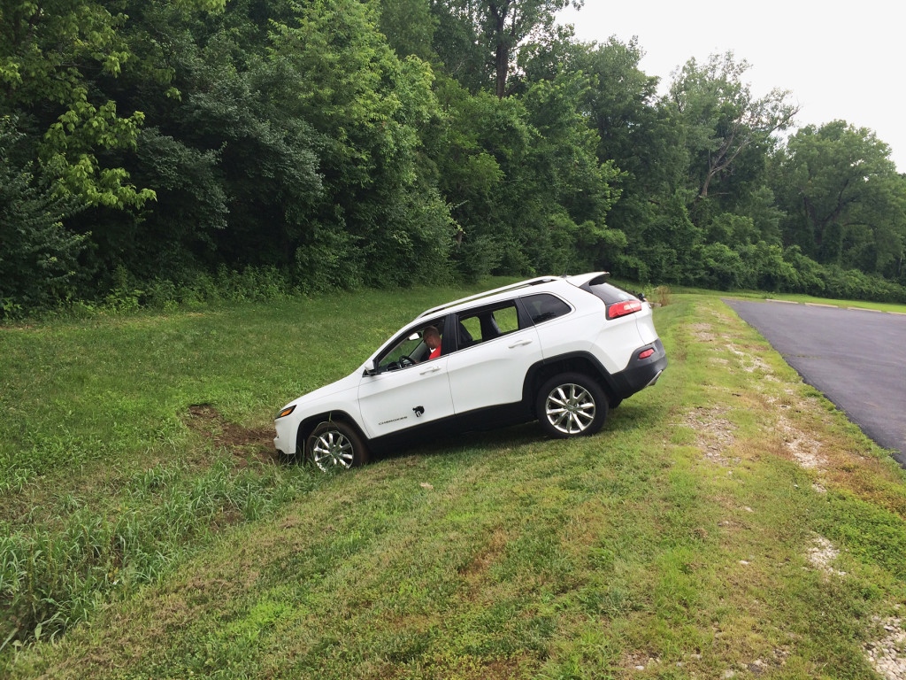 Jeep driven remotely into a ditch